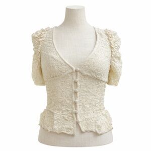 NWT Urban Outfitters Cream Smocked Button-Front Puff Sleeve Blouse Top |Size Sm